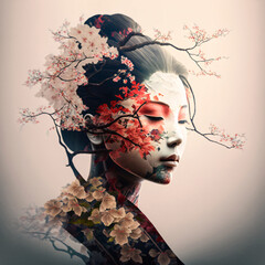 Geisha in Japan with cherry tree. Concept. Designed using generative ai. - obrazy, fototapety, plakaty
