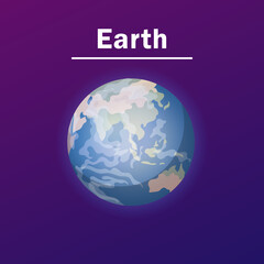 Earth on blue and purple background cartoon illustration. Earth. Space, planetary, galaxy, astronomy concept