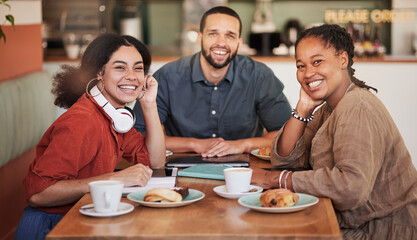Business meeting, cafe and portrait of web design consultation group with a smile. Working, planning and diversity of creative team consulting on a social media strategy for startup company growth