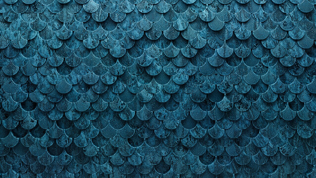 Fish Scale, 3D Wall background with tiles. Glazed, tile Wallpaper with Blue Patina, Polished blocks. 3D Render