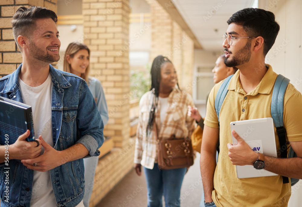 Wall mural university, school and education students, people or group walking to class in campus community and 