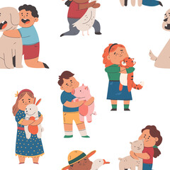 Kids hugging animals vector cartoon seamless pattern background for wallpaper, wrapping, packing, and backdrop.