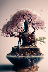 Buddha statue with cherry blossom. Mediation and zen concept. Designed using generative ai.
