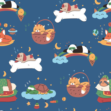 Funny sleeping animals vector cartoon seamless pattern background for wallpaper, wrapping, packing, and backdrop.