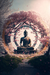 Buddha statue with cherry blossom. Mediation and zen concept. Designed using generative ai. - obrazy, fototapety, plakaty