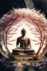 Buddha statue with cherry blossom. Mediation and zen concept. Designed using generative ai.