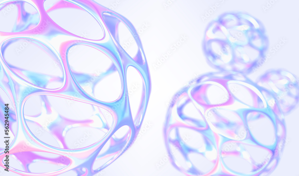 Poster abstract holographic background with chromatic pearlescent spheres 3d render. round futuristic shape