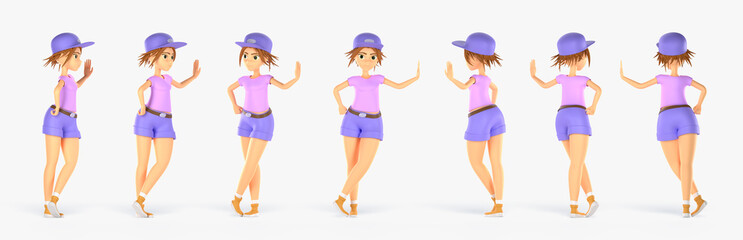 Girl character in different angles view 3d render. Rotation animation set of cartoon woman personage standing leaning hand on wall with short hair, wearing colorful summer clothing