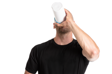 Athlete man drinking protein over Transparent background.