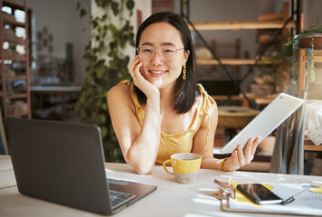 Happy, research and tablet with portrait of asian woman in startup for management, planning and...