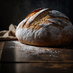 A freshly baked loaf of bread lying on a wooden table. generative AI 