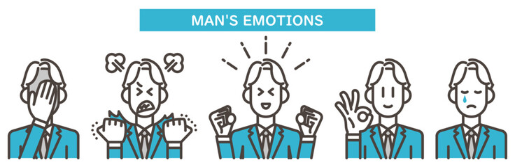 Young male businessperson in various poses and expressions expressing various emotions [Vector illustration].