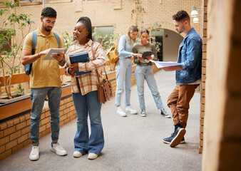 Students, college and education, tablet and books for learning, scholarship and collaboration in...