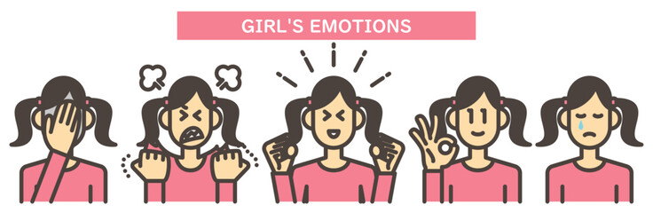 Japanese girl expressing various emotions with various poses and expressions [Vector illustration].
