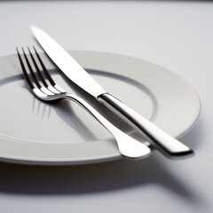 Clean empty white plate with knife and fork,  generative ai