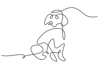Hand drawn one single continuous line of dog isolated on white background.