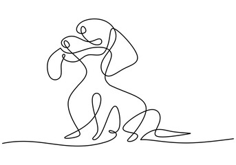 Hand drawn one single continuous line of little dog isolated on white background.