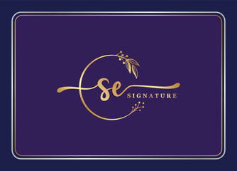 luxury gold signature initial SE logo design isolated leaf and flower