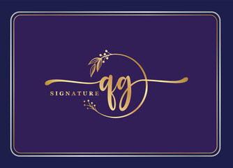 luxury gold signature initial QG logo design isolated leaf and flower