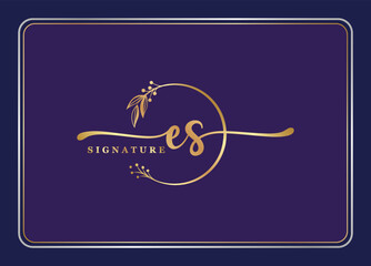 luxury gold signature initial ES logo design isolated leaf and flower