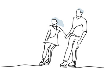 Hand drawing one line of couple ice skating isolated on white background.