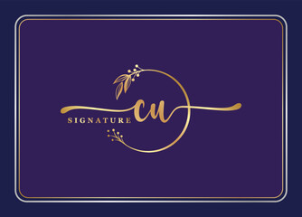 luxury gold signature initial CU logo design isolated leaf and flower