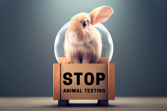 Stop animal testing concept with rabbit. Cosmetics and chemicals test on bunny animal. Rabbit in laboratory on chemical ingredients test.Cruelty free and stop animal abuse concept. Generative AI