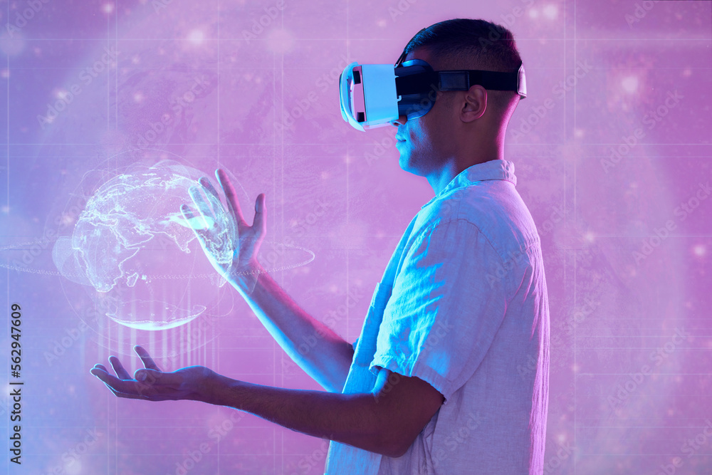 Aufkleber metaverse, vr and man with globe hologram for networking, connection and digital transformation. neo