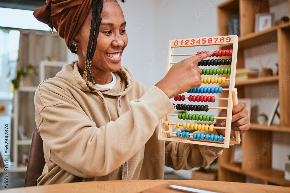 Poster black woman, teacher and math with online class for education, teach with abacus for learning and in