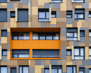 Landscape view of colorful geometric facade of modern architecture apartment building, Montpellier, France