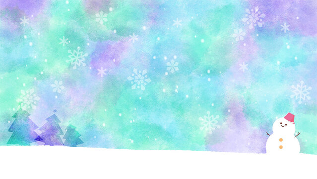 雪の降る水彩のオーロラの空を見つめる雪だるまのイラスト