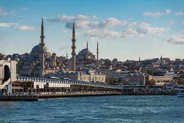 Fototapeta na wymiar Istanbul. Beautiful view of Eminonu area in Fatih area on the Golden Horn with Suleymaniye Mosque on a cloudy day