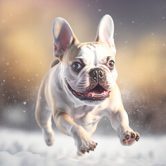 Happy French Bulldog running on snow . Generative AI - obrazy, fototapety, plakaty