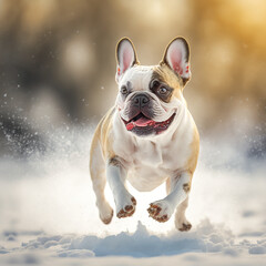 Happy French Bulldog running on snow . Generative AI - obrazy, fototapety, plakaty