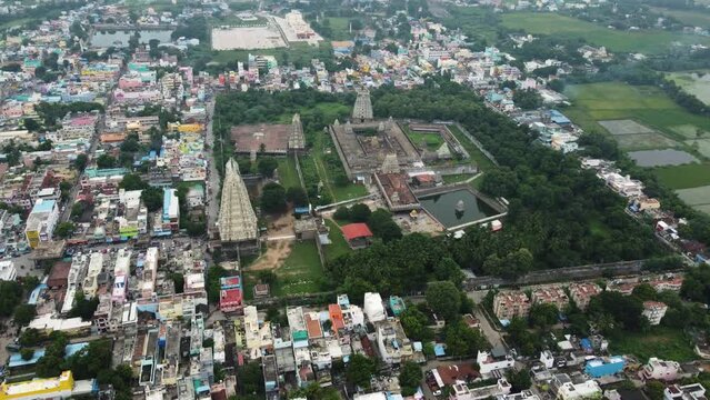 Bird's eye view of Sri Kanchi Kamakshi Amman Temple in Kanchipuram, Tamil Nadu. The wide view of the temple is surrounded by Kanchipuram city.