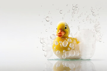 Yellow rubber duck with soap bubbles, white background. Generative AI