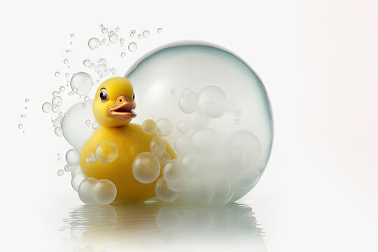 Yellow rubber duck with soap bubbles, white background. Generative AI