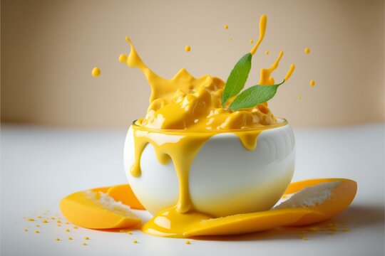Realistic mango dessert or smoothie with leaves and sprinkles,splashes and pieces of mango on a background in a glass bowl on a light backdrop.AI generated.