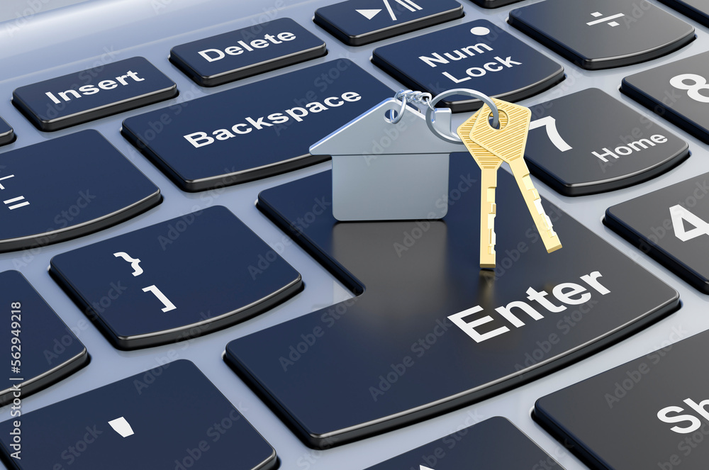 Poster home key with keychain on laptop keyboard, 3d rendering