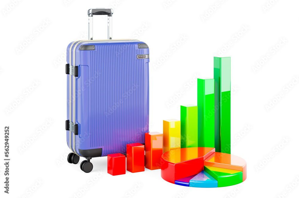 Aufkleber luggage with growth bar graph and pie chart. 3d rendering