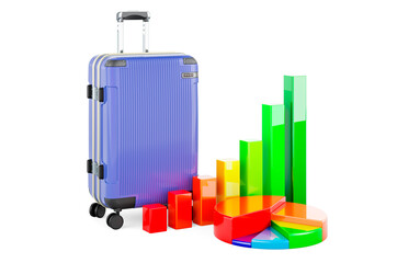 Luggage with growth bar graph and pie chart. 3D rendering