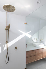 Bathroom brass showerhead tap vanity white tiles glass screen shower white timber 