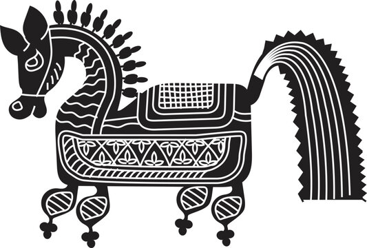 Hand-drawn traditional ancient tribal folk art, India. Pictorial language depicting the rural life of the inhabitants of India. seamless pattern for textiles, wrapping paper, or backgrounds