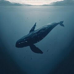 A beautiful whale is swimming in the ocean. A whale in its native element. Generative AI. - obrazy, fototapety, plakaty