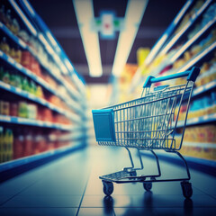 Fototapeta View of a shopping cart with inside supermarket shelves in an abstract, out of focus backdrop. Generative AI obraz