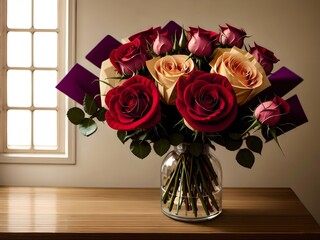 Valentine's Day Flowers Bouquet of Roses in a Vase, sitting on a table with natural lighting