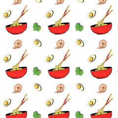 Pattern with shrimp, boiled eggs, greens and noodles in a red bowl