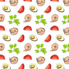 Pattern with boiled egg, shrimp, tomato and greens