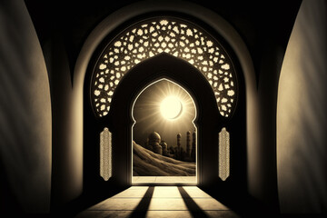 Moonlight shine through the window of an islamic mosque. Festive greeting card for Ramadan Kareem.