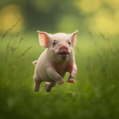 little piggy joyfully runs on the grass, generative AI - obrazy, fototapety, plakaty